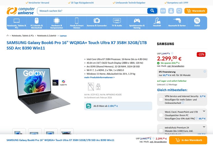 Samsung Galaxy Book6 Pro NP960XJG-KG6DE für 2.299 Euro.