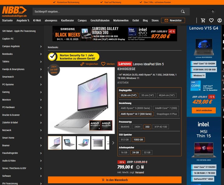 Lenovo IdeaPad Slim 5 14 AKP10 83HX002EGE im Angebot für 799 Euro.