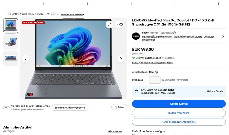 Via eBay.de für 449,10 Euro zu bekommen: Das Lenovo IdeaPad Slim 3x 15Q8X10 (83N30004GE).
