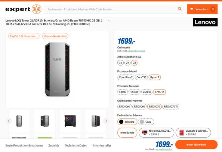 Lenovo LOQ Tower 26ADR10 91DF000XGF für 1.699 Euro.