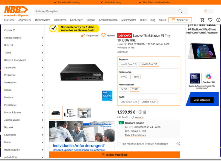 Lenovo ThinkStation P3 Tiny 30H0009WGE für 1.599,99 Euro.