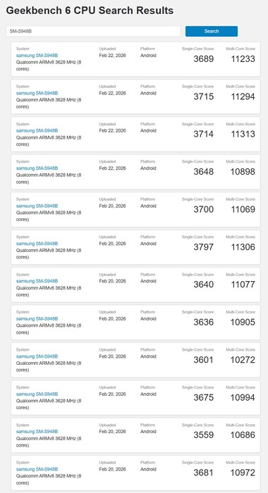 Die globale Version des Samsung Galaxy S26 Ultra im Geekbench-Browser.