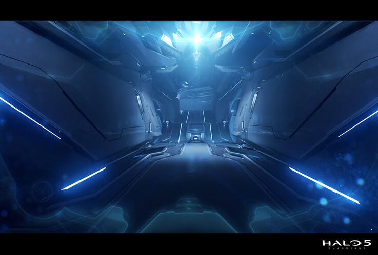 Diese Szene aus Halo 5: Guardians zeigt eine strenge Symmetrie, leuchtende Akzente und eine starke Tiefenwirkung, um eine elegante futuristische Atmosphäre zu erzeugen.