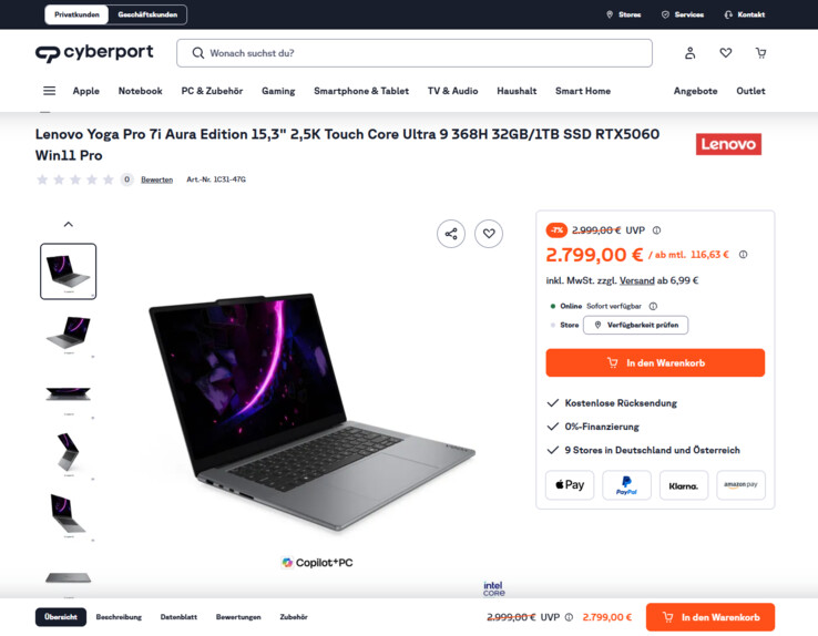 Lenovo Yoga Pro 7 15IPH11 83SN001TGE für 2.799 Euro.