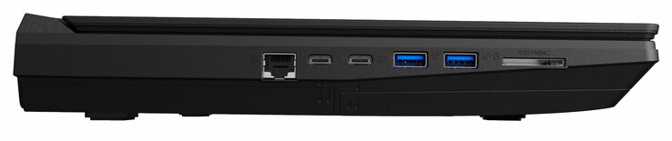 Linke Seite: Gigabit-Ethernet, Thunderbolt 3, USB 3.1 Gen 2 (Typ C), 2x USB 3.1 Gen 1 (Typ A), Speicherkartenleser