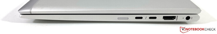 Rechts: Nano-SIM, 2x USB-C mit Thunderbolt 4 (USB 4, 40 Gbit/s, DisplayPort 1.4, Power Delivery), HDMI 2.0b, Netzteil