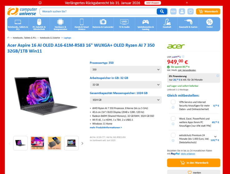 Ryzen AI 7 und ein OLED-Bildschirm: Acer Aspire 16 AI OLED A16-61M-R583 im Angebot für 949 Euro.