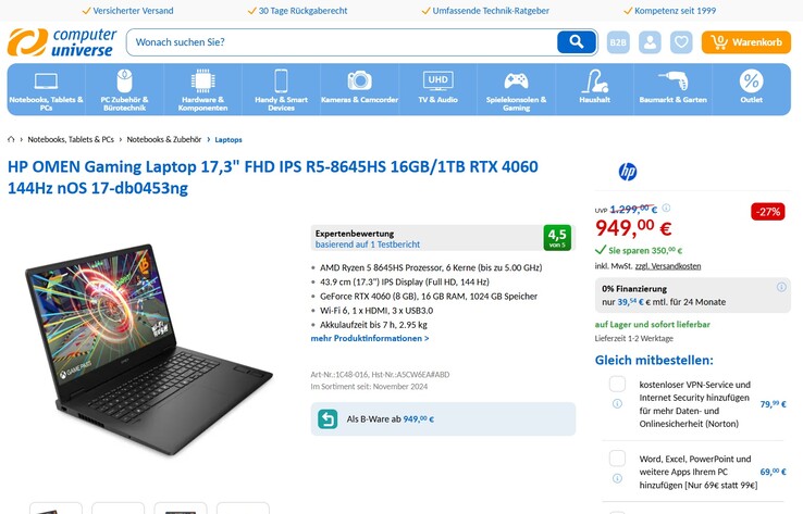 HP Omen 17-db0453ng im Angebot für 949 Euro.