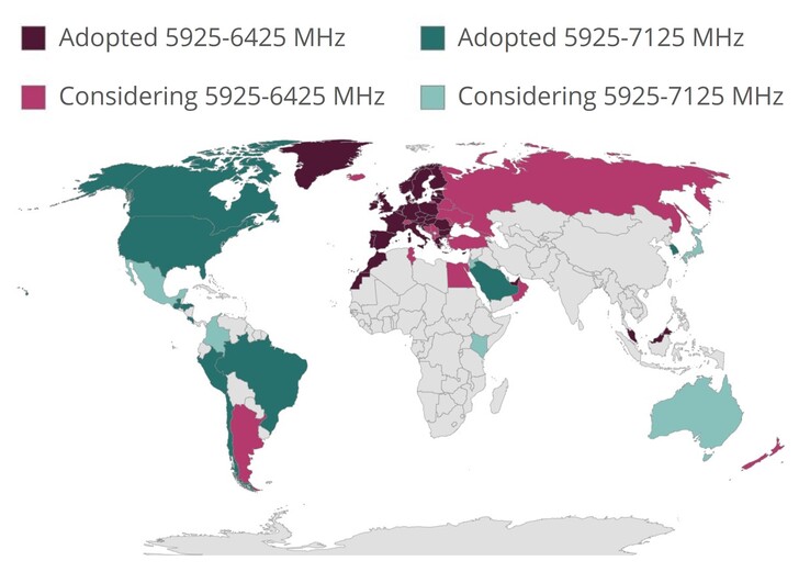 Wifi 7 braucht wie Wifi 6E auch das 6-GHz-Band. Noch ist es nicht überall freigegeben. Stand: 26. Januar 2022. (Bild: Wifi Alliance)