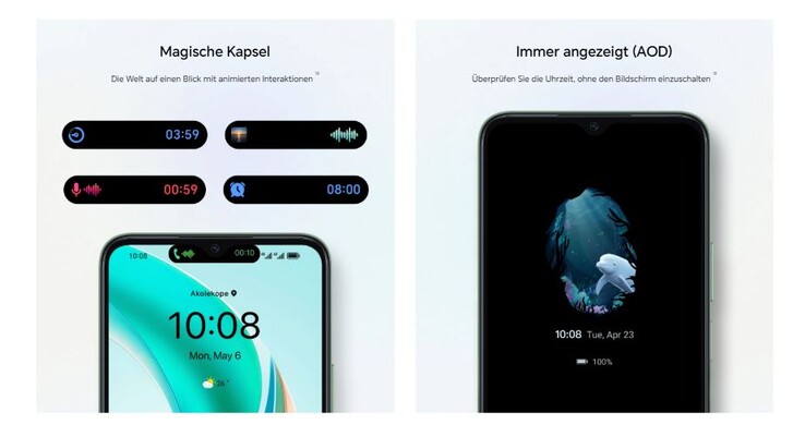 Eine Art Dynamic Island ist vorhanden, der Bildschirm kann immer aktiv bleiben ((Bildquelle: Honor, übersetzt via Google)