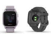Die Garmin Venu Sq Smartwatch zeigt sich vor dem Europa-Start in drei Farbvarianten und begleitenden Informationen.