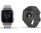 Die Garmin Venu Sq Smartwatch zeigt sich vor dem Europa-Start in drei Farbvarianten und begleitenden Informationen.