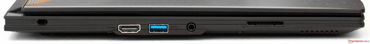 linke Seite: Kensington, HDMI, USB 3.0, Audio in/out, SD-Karte