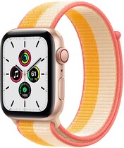 Apple Watch SE (GPS + Cellular, 44mm) - Aluminiumgehäuse Gold, Sport Loop Indischgelb/Weiß