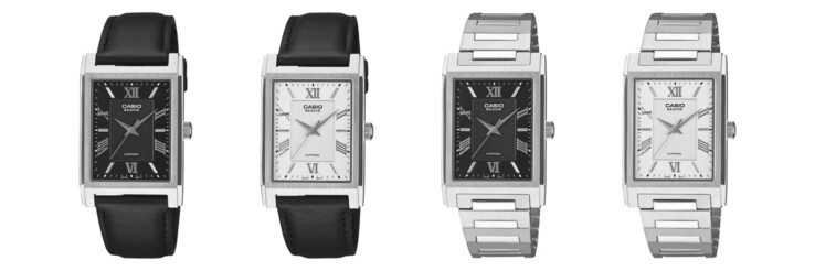 Von links nach rechts: Casio BMS-105D-1A, BMS-105D-7A, BMS-105L-1A und BMS-105L-7A