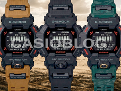 Abgebildet - die Casio G-Shock GDG-B100-1 (ganz schwarz), GDG-B100-1A3 (schwarz mit grünem Camo-Armband) und GDG-B100-1A5 (schwarz mit sandfarbenem Armband).