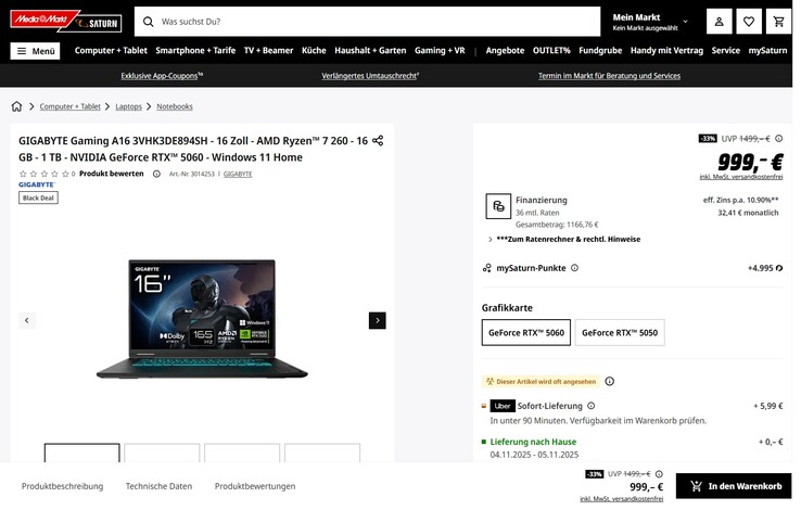 Gigabyte Gaming A16 3VHK3DE894SH für 999 Euro.