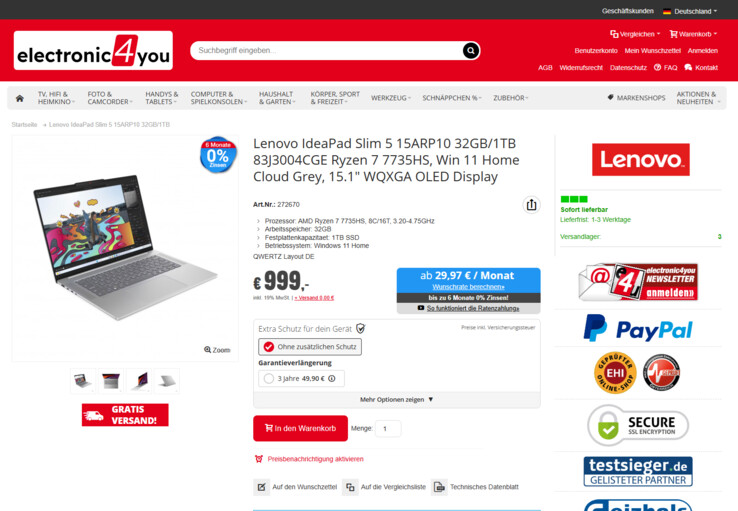 Lenovo IdeaPad Slim 5 15ARP10 83J3004CGE für 999 Euro.