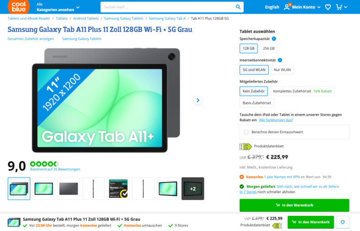 Samsung Galaxy Tab A11+ mit 5G für 225,99 Euro.
