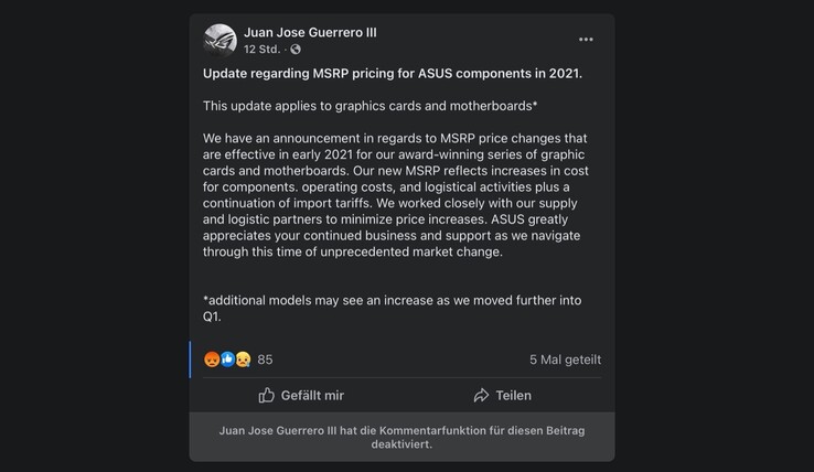 Der Technical Product Marketing Manager von Asus hat angekündigt, dass sich Kunden auf Preiserhöhungen einstellen sollten. (Bild: Facebook)