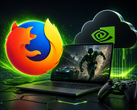 Gaming-Laptop mit Game, darüber die Logos von Geforce Now und Firefox