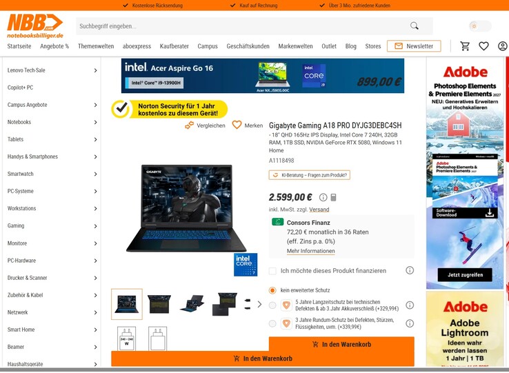 Gigabyte Gaming A18 Pro DYJG3DEBC4SH für 2.599 Euro.