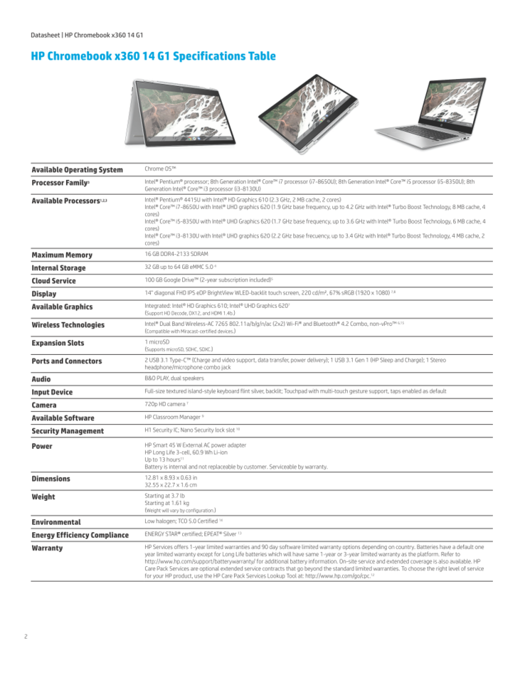 Technische Daten Chromebook x360 14 G1 (Quelle: HP)