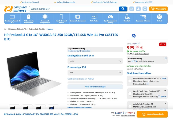 HP ProBook 4 G1a 16 C65TTES für 999 Euro.