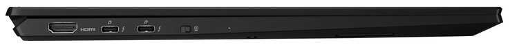 Linke Seite: HDMI, 2x Thunderbolt 4 (USB-C; Power Delivery, Displayport), Schalter Webcam