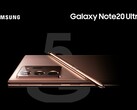 Das Samsung Galaxy Note20 Ultra zeigt sich in einem animierten Pressebild im Rundumblick und Mystic Bronze-Farbe.