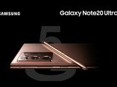Das Samsung Galaxy Note20 Ultra zeigt sich in einem animierten Pressebild im Rundumblick und Mystic Bronze-Farbe.