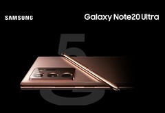 Das Samsung Galaxy Note20 Ultra zeigt sich in einem animierten Pressebild im Rundumblick und Mystic Bronze-Farbe.