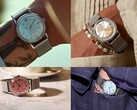 Timex x Todd Snyder Marlin Mesh-Uhren mit silbernen, aquablauen und lachsfarbenen Sunburst-Zifferblättern.