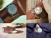 Timex x Todd Snyder Marlin Mesh-Uhren mit silbernen, aquablauen und lachsfarbenen Sunburst-Zifferblättern.