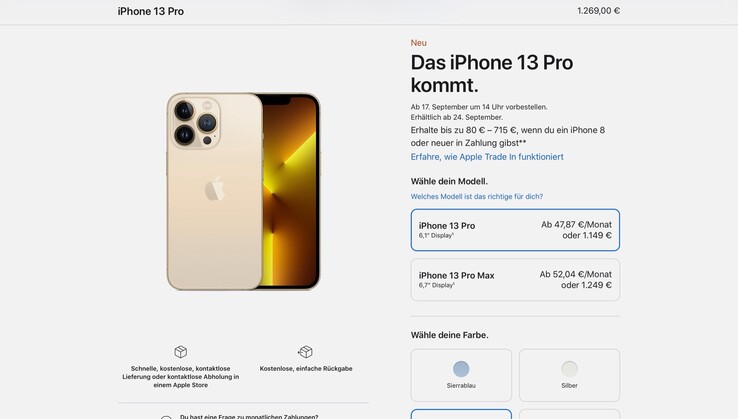 Das Apple iPhone 13 Pro ist ab 1.149 Euro erhältlich, wer ein altes iPhone eintauscht kann etwas Geld sparen. (Bild: Apple)