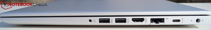 Rechts: Kopfhörer/Mikro; 2 x USB-A (3.1 Gen 1), HDMI, LAN, USB-C (Gen 1), Strom