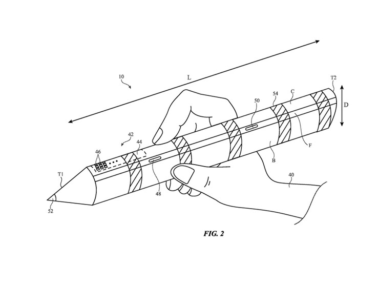 Dieses Bild lässt als Einziges auf die mögliche Größe der im Patent beschriebenen Eingabestifte schließen. Sollte es sich hierbei um eine maßstabsgetreue Darstellung handeln, könnte der Stift ziemlich groß werden. (Quelle: Apple-Patent)