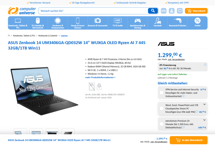 Asus ZenBook 14 OLED UM3406GA-QD032W für 1.299 Euro.