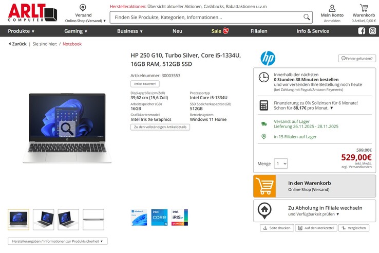 HP 250 G10 8X9V3ES für 529 Euro.