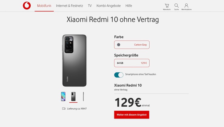 Vodafone bietet das noch recht neue Redmi 10 zum absoluten Bestpreis an. (Screenshot: Vodafone)