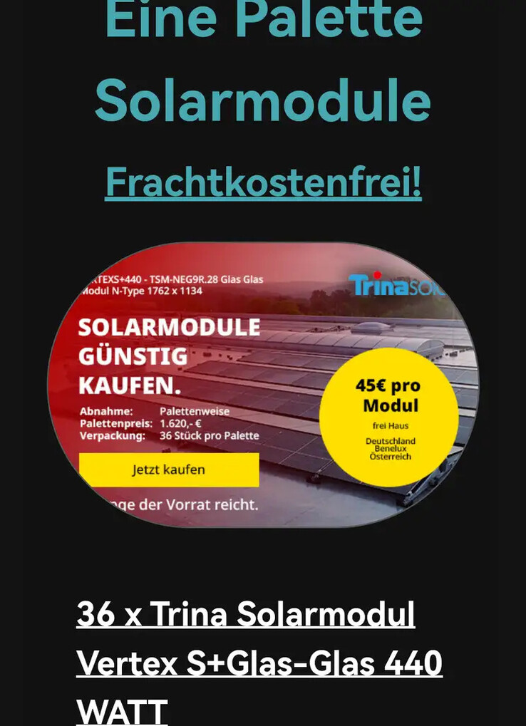 Im Newsletter von Baupark wird damit geworben, dass die Module "frachtkostenfrei" versendet werden (Bildquelle: Baupark via MyDealz)