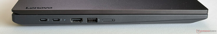 Links: 2x USB-C 4.0 mit Thunderbolt 4 (40 Gbit/s, DisplayPort 1.4a, Power Delivery), HDMI 2.1, USB-A 3.2 Gen. 1 (5 Gbit/s, Always-On), Nano-SIM