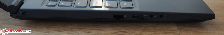 linke Seite: Kensington Lock, RJ45-LAN, USB 2.0 (Typ A), Mikrofon, Kopfhörer