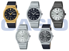 In der oberen Reihe (von links nach rechts) haben wir das Casio MTP-E735GL-1AV, MTP-E735D-1AV und das MTP-E735B-7AV. Die untere Reihe zeigt von links nach rechts das Casio MTP-E735D-7AV und das MTP-E735L-8AV. (Bildquelle: Casio)