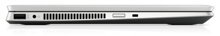 Linke Seite: USB 3.2 Gen 1 (Typ A), Audiokombo, Einschaltknopf, Steckplatz für ein Kabelschloss