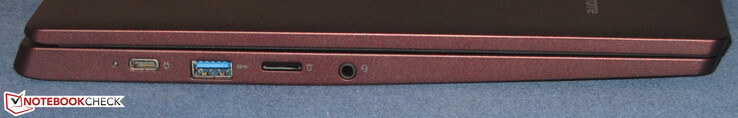 Linke Seite: USB 3.2 Gen 1 (Typ C; Displayport, Power Delivery), USB 3.2 Gen 1 (Typ A), Speicherkartenleser (MicroSD), Audiokombo