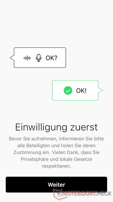 Die App erinnert daran, dass man sich immer die Zustimmung der beteiligten Personen vor einer Aufzeichnung einholen muss.