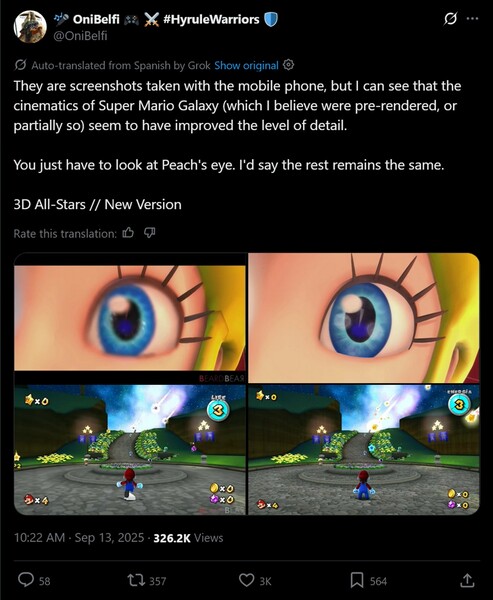 Super Mario Galaxy: Vergleich mit dem Switch-Port 2020 (Bildquelle: Screenshot, OniBelfi X-Account)