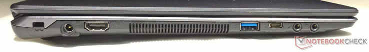 Linke Seite: Kensington-Lock, Netzanschluss, HDMI, 1x USB 3.0, 1x USB 3.1 Gen2 (Typ-C), Mikrofon, Kopfhörer