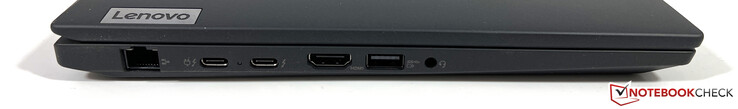 Links: Gigabit-Ethernet, 2x USB-C 4.0 mit Thunderbolt 4 (40 GBit/s, DisplayPort-ALT-Modus 1.4, Power Delivery 3.0), HDMI 2.1, USB-A 3.2 Gen.1 (5 GBit/s, Powered), 3,5-mm-Stereo